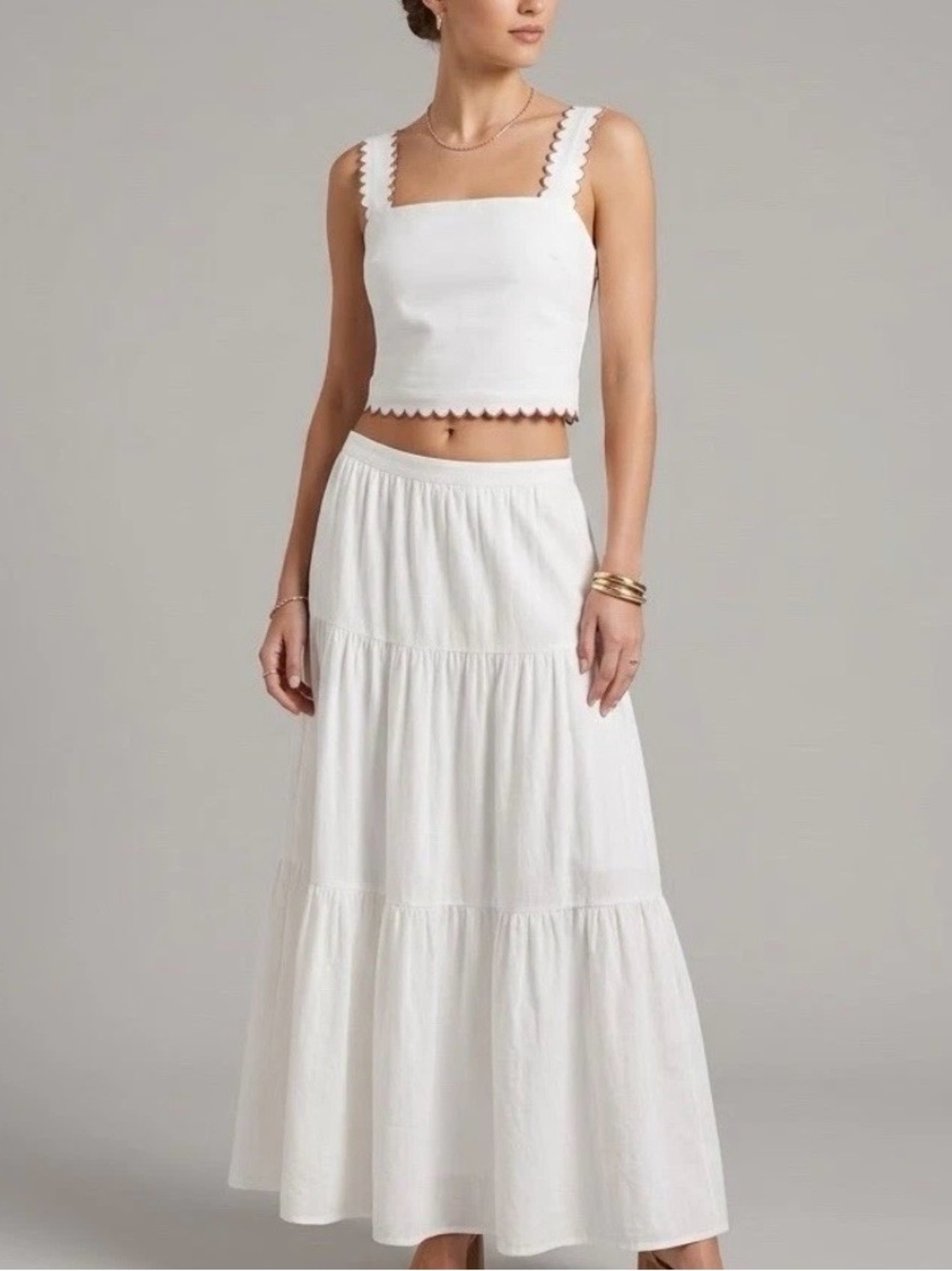 Tuckernuck white scalloped top Size L crop top Beachy Minimalist